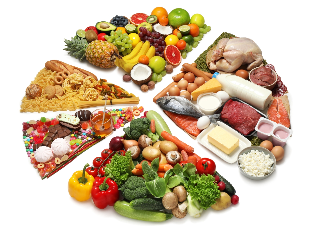 Ilustrasi konsep gizi seimbang yang menunjukkan porsi makanan sehat seperti sayur, buah, protein, dan karbohidrat