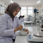 mahasiswa sedang melakukan praktikum di laboratorium saat kuliah farmasi