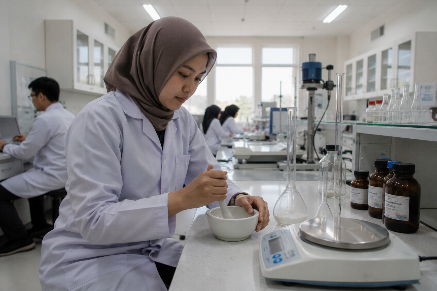 mahasiswa sedang melakukan praktikum di laboratorium saat kuliah farmasi