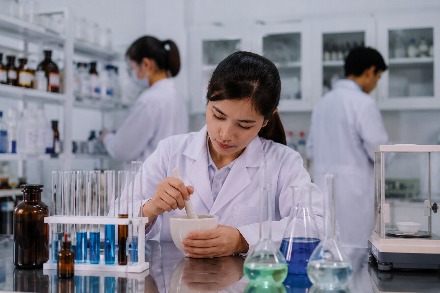 mahasiswa sedang praktikum di laboratorium jurusan farmasi