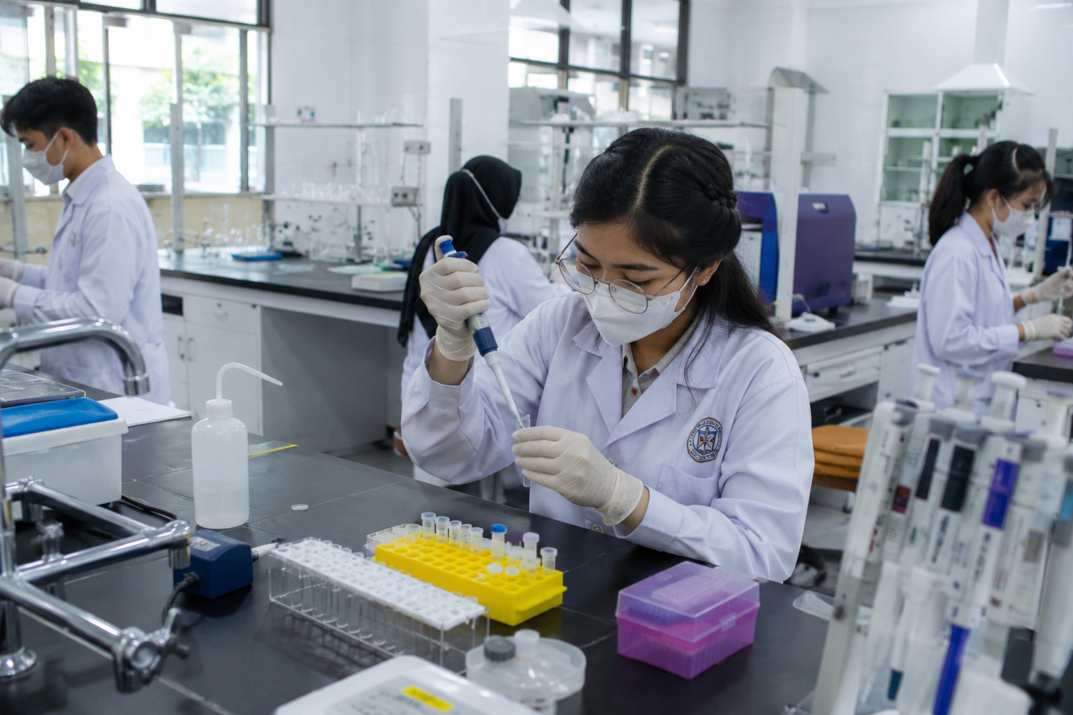mahasiswa berlatih di laboratorium kesehatan modern