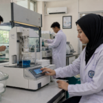 mahasiswa menggunakan alat laboratorium farmasi modern HPLC