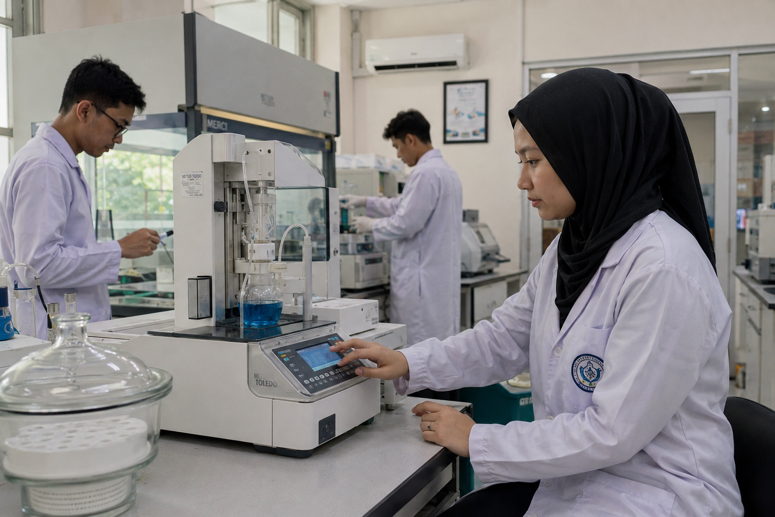 mahasiswa menggunakan alat laboratorium farmasi modern HPLC