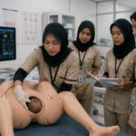 mahasiswa kebidanan menggunakan simulator persalinan STIKES Istara