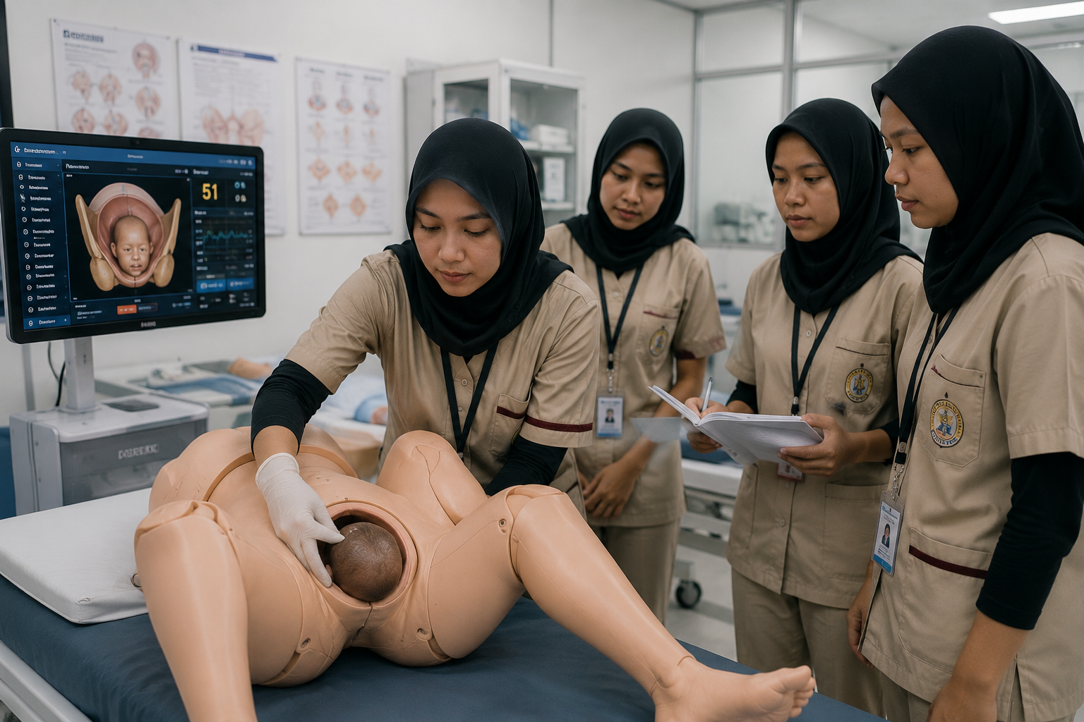 mahasiswa kebidanan menggunakan simulator persalinan STIKES Istara