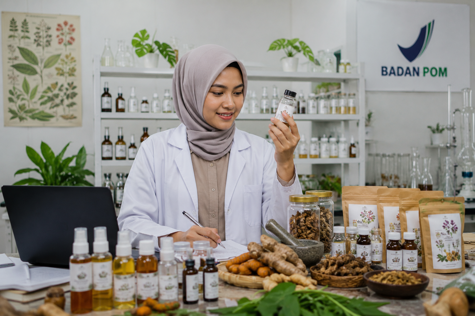 mahasiswa farmasi herbal meracik bahan alami di laboratorium