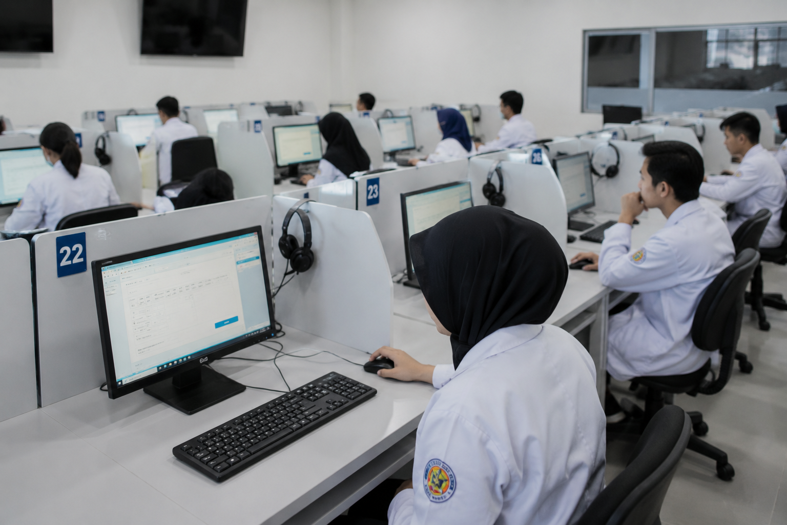mahasiswa sedang mengerjakan simulasi di laboratorium CBT