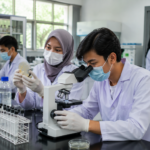 mahasiswa sedang melakukan pengujian di laboratorium mikrobiologi mahasiswa farmasi