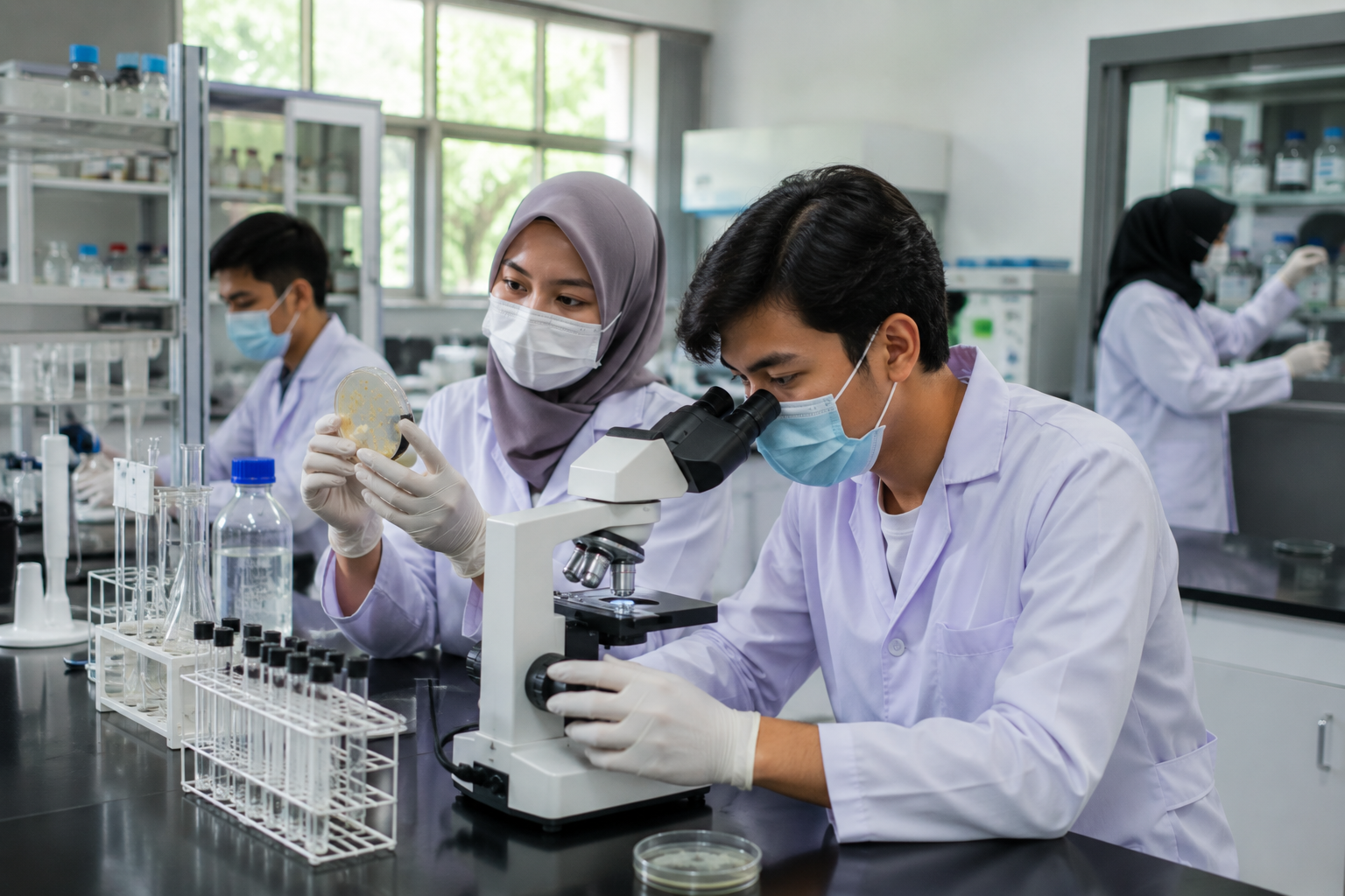mahasiswa sedang melakukan pengujian di laboratorium mikrobiologi mahasiswa farmasi
