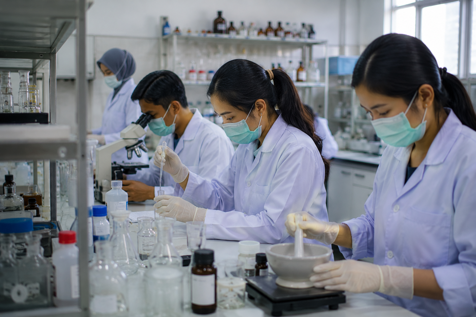mahasiswa sedang melakukan praktikum di laboratorium jurusan farmasi