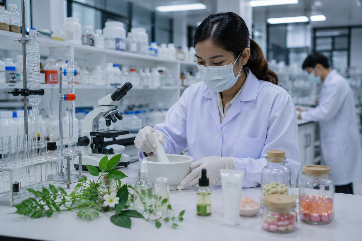 mahasiswa sedang melakukan praktikum di laboratorium program studi farmasi