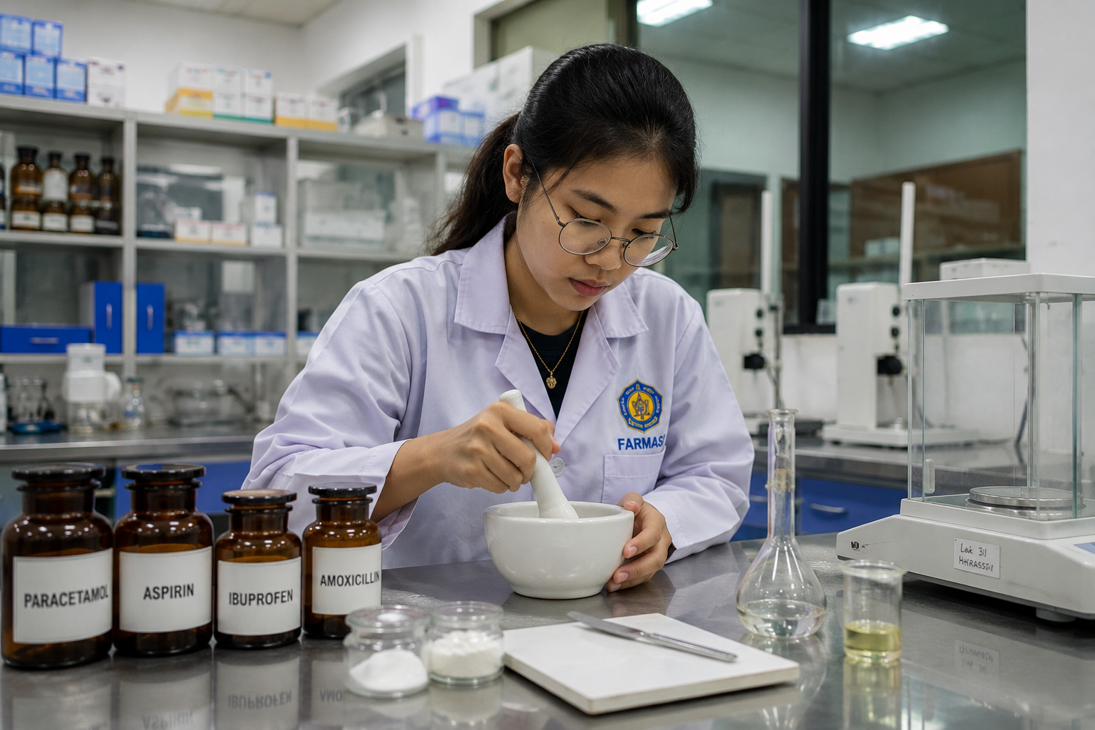 mahasiswa sedang praktikum di laboratorium prospek jurusan farmasi