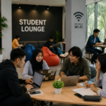 mahasiswa berdiskusi di student lounge kampus