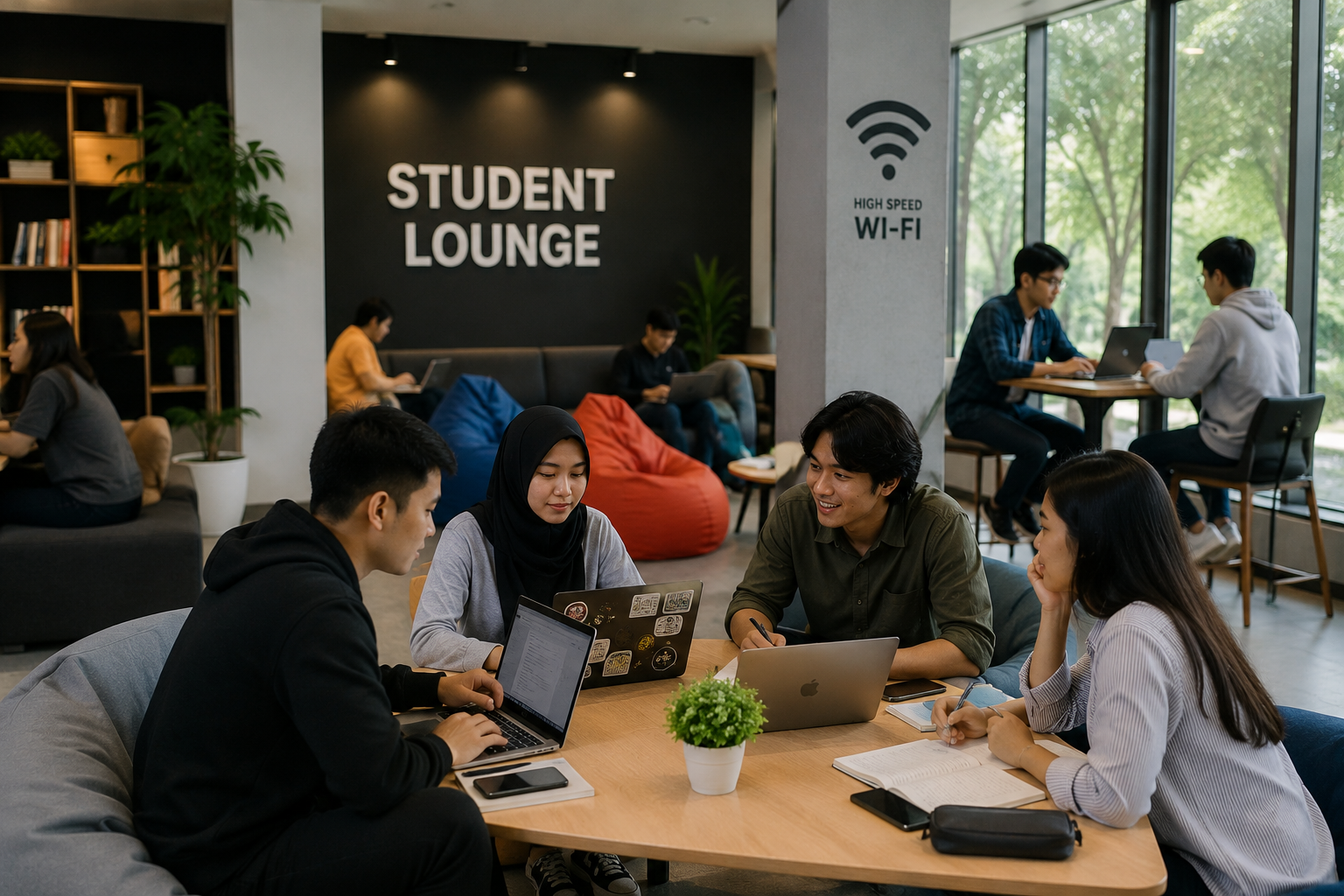 mahasiswa berdiskusi di student lounge kampus
