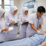 mahasiswa sedang praktikum laboratorium untuk belajar kesehatan