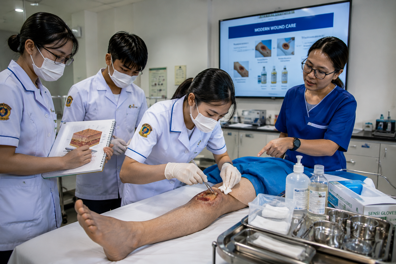 mahasiswa keperawatan mempelajari perawatan luka modern di laboratorium