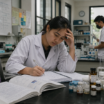 mahasiswa sedang praktikum di laboratorium jurusan farmasi