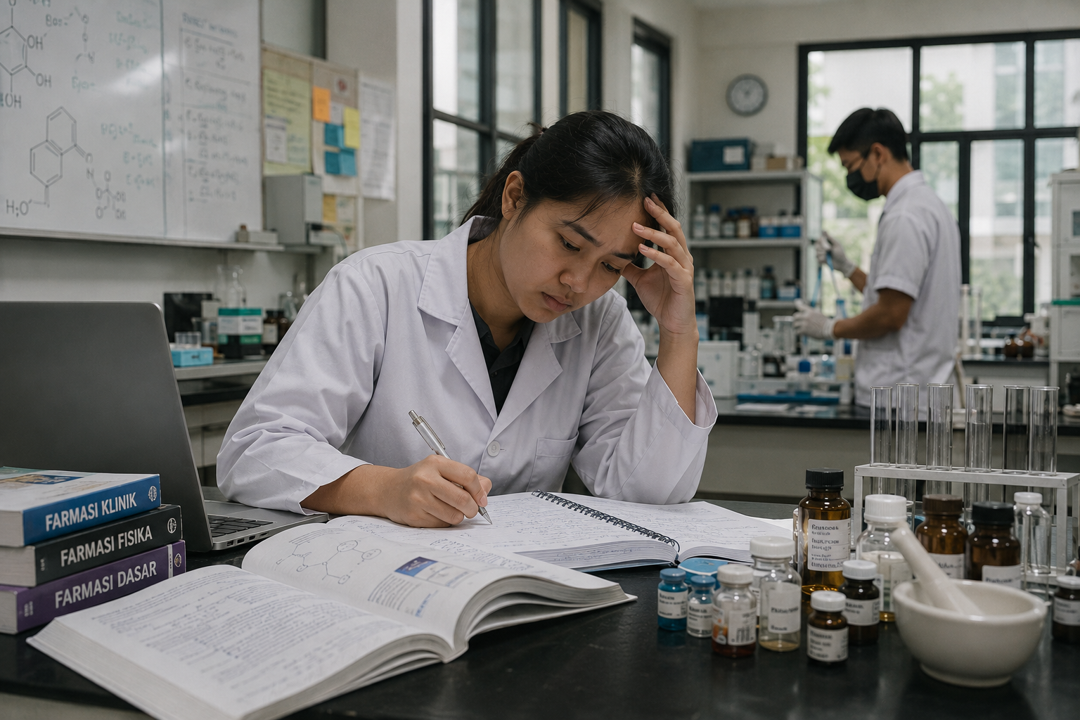 mahasiswa sedang praktikum di laboratorium jurusan farmasi
