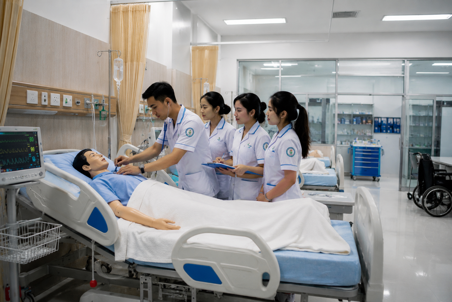 mahasiswa sedang berlatih di ruang praktik mirip rumah sakit