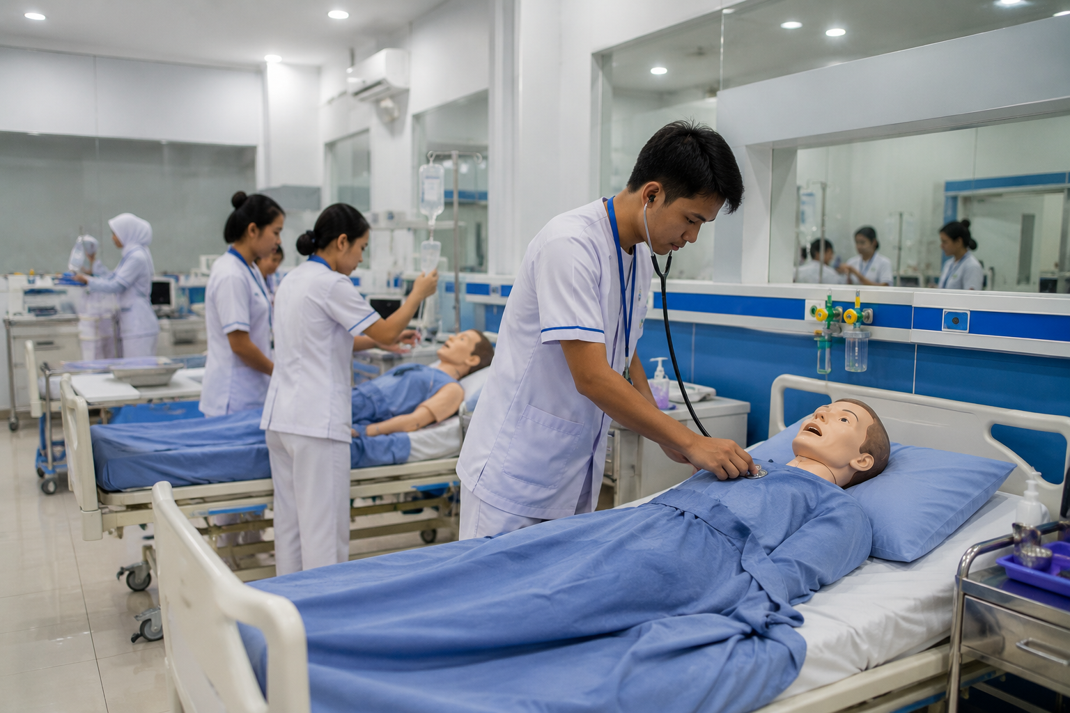 mahasiswa sedang berlatih di ruang simulasi STIKES Istara