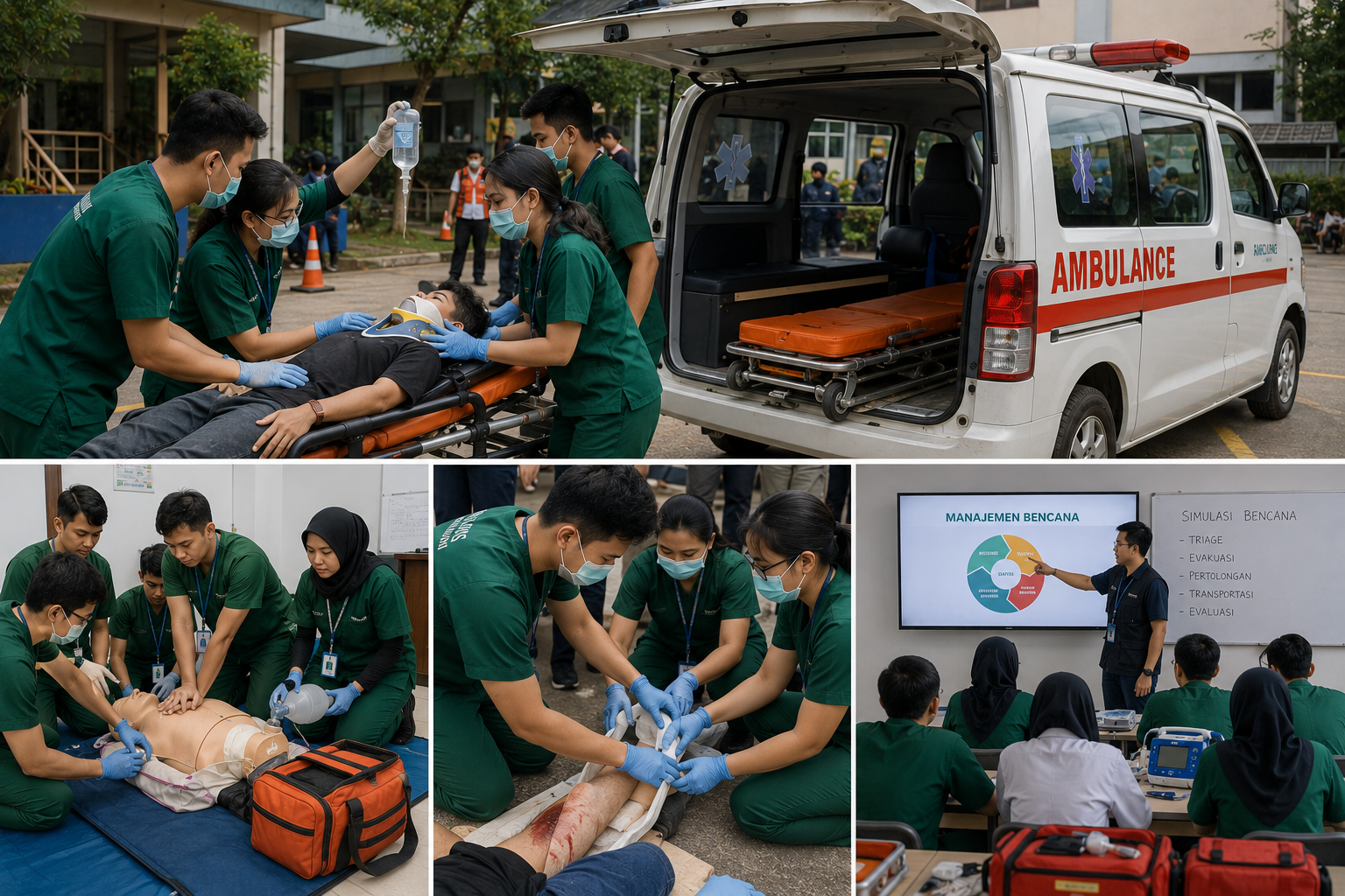 mahasiswa melakukan simulasi ambulans gawat darurat di laboratorium