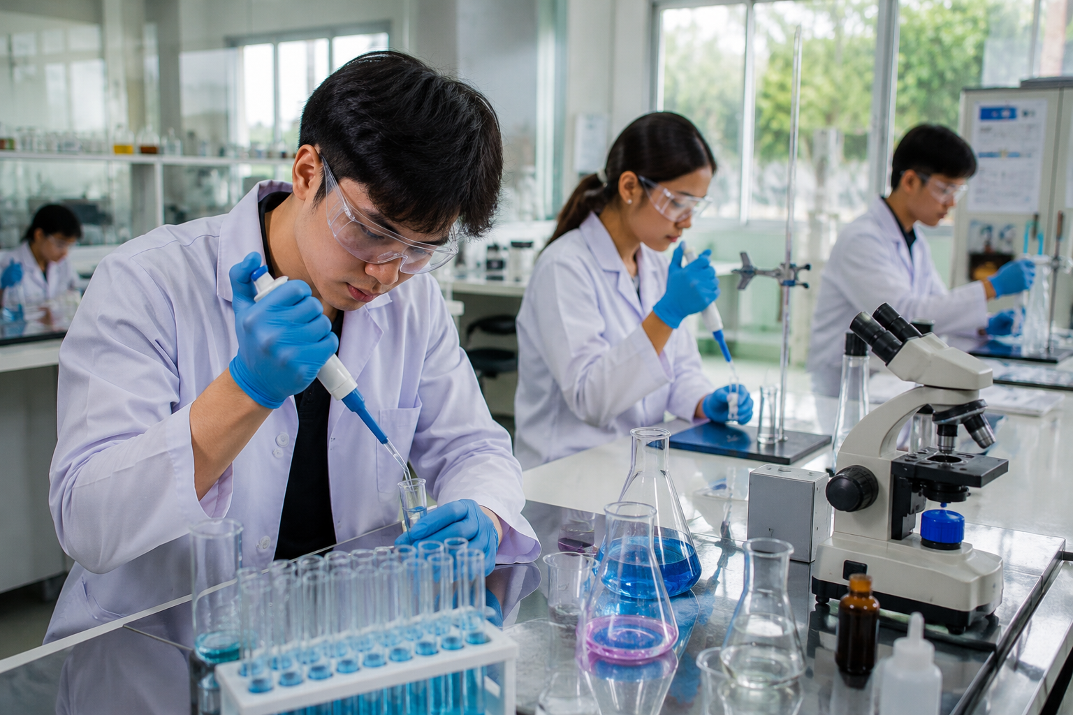 mahasiswa sedang praktikum di laboratorium mahasiswa kesehatan