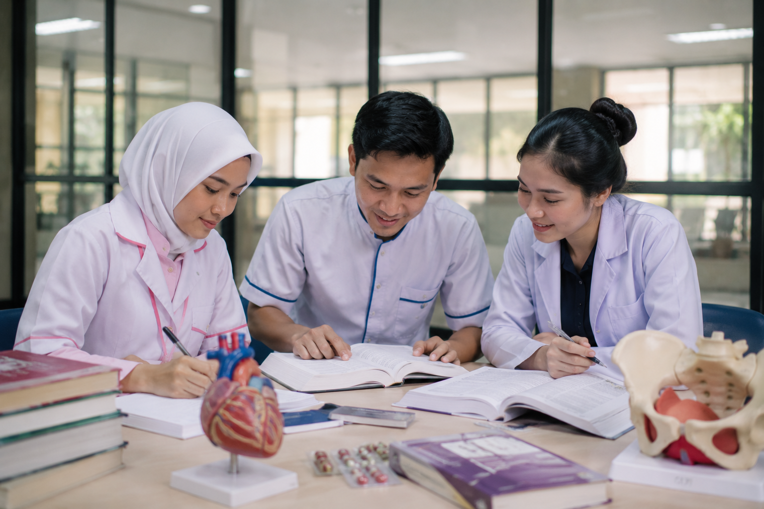Mahasiswa keperawatan sedang belajar bersama di laboratorium keterampilan klinik dengan dosen pembimbing