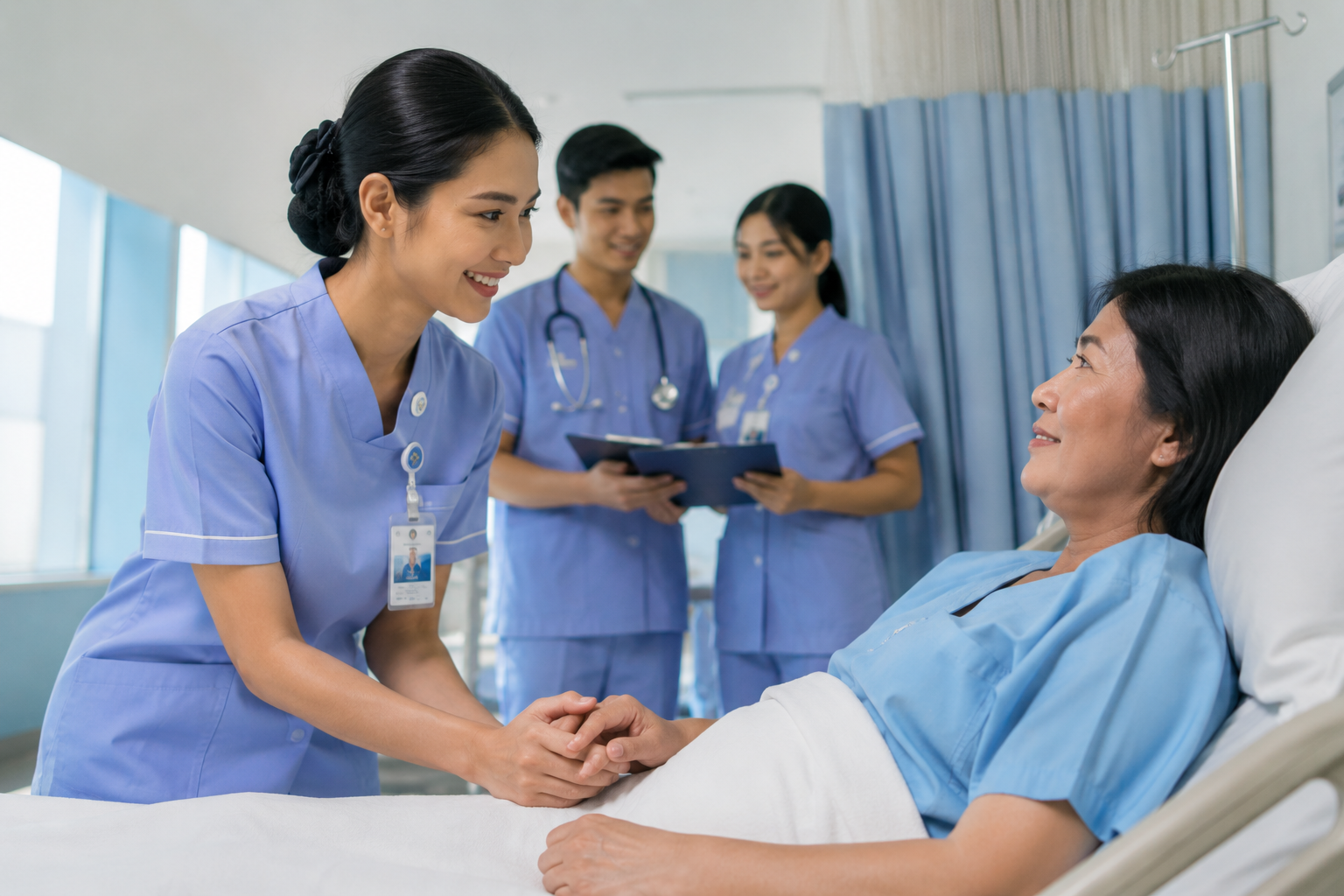 Soft Skill Mahasiswa Keperawatan saat berlatih komunikasi, kerja sama tim, dan praktik klinik di laboratorium keperawatan.