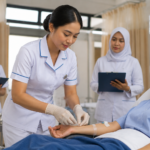 Ujian Praktikum Keperawatan di laboratorium keterampilan klinis dengan mahasiswa melakukan simulasi tindakan keperawatan.