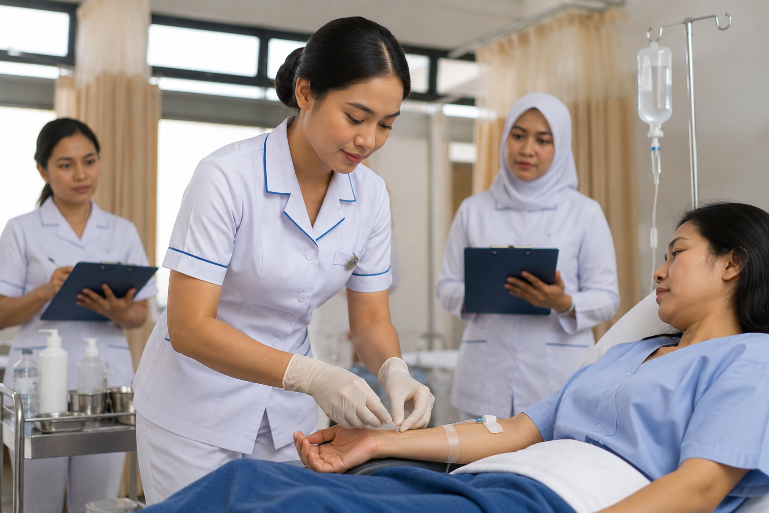 Ujian Praktikum Keperawatan di laboratorium keterampilan klinis dengan mahasiswa melakukan simulasi tindakan keperawatan.