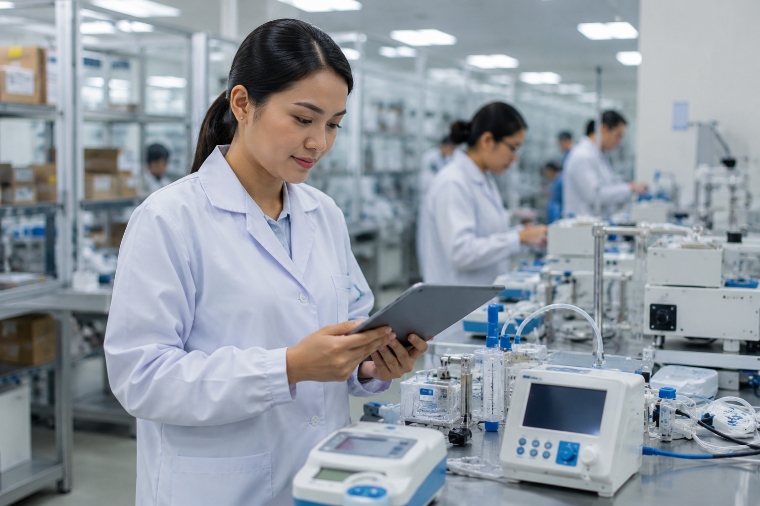 Mahasiswa Program Studi Farmasi sedang melakukan praktik pengujian alat kesehatan di laboratorium modern dengan bimbingan dosen.