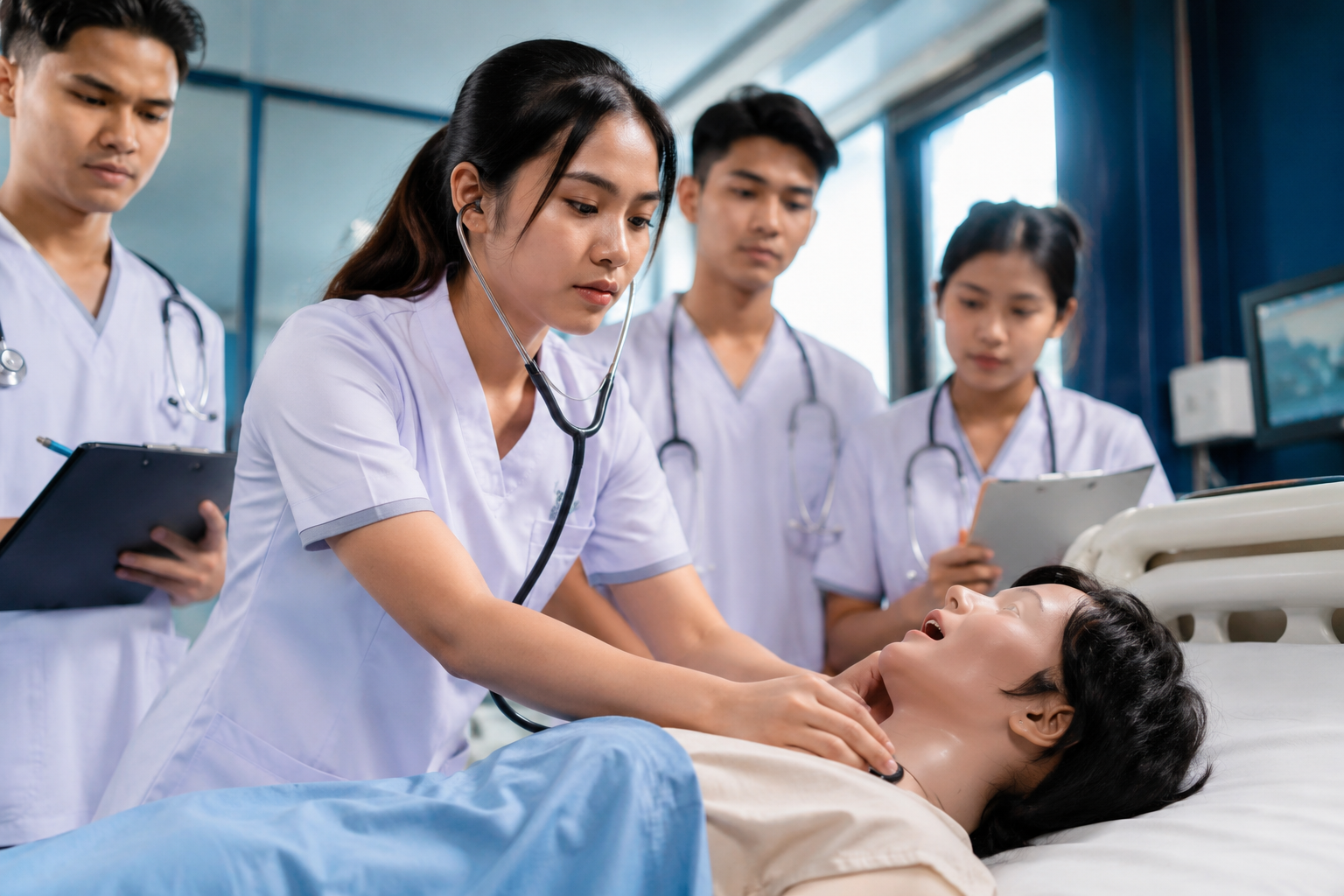 Mahasiswa STIKES Istara mengikuti simulasi Clinical Decision Making STIKES Istara menggunakan manekin pasien di laboratorium keperawatan modern.