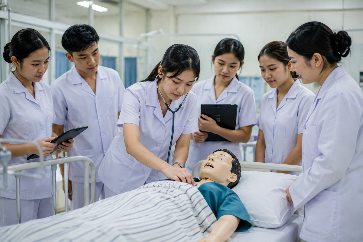 Mahasiswa Program Studi Keperawatan mengikuti praktikum di laboratorium keterampilan keperawatan.