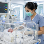 Program Studi Keperawatan dengan mahasiswa yang sedang mempraktikkan simulasi perawatan bayi menggunakan inkubator di laboratorium NICU modern.