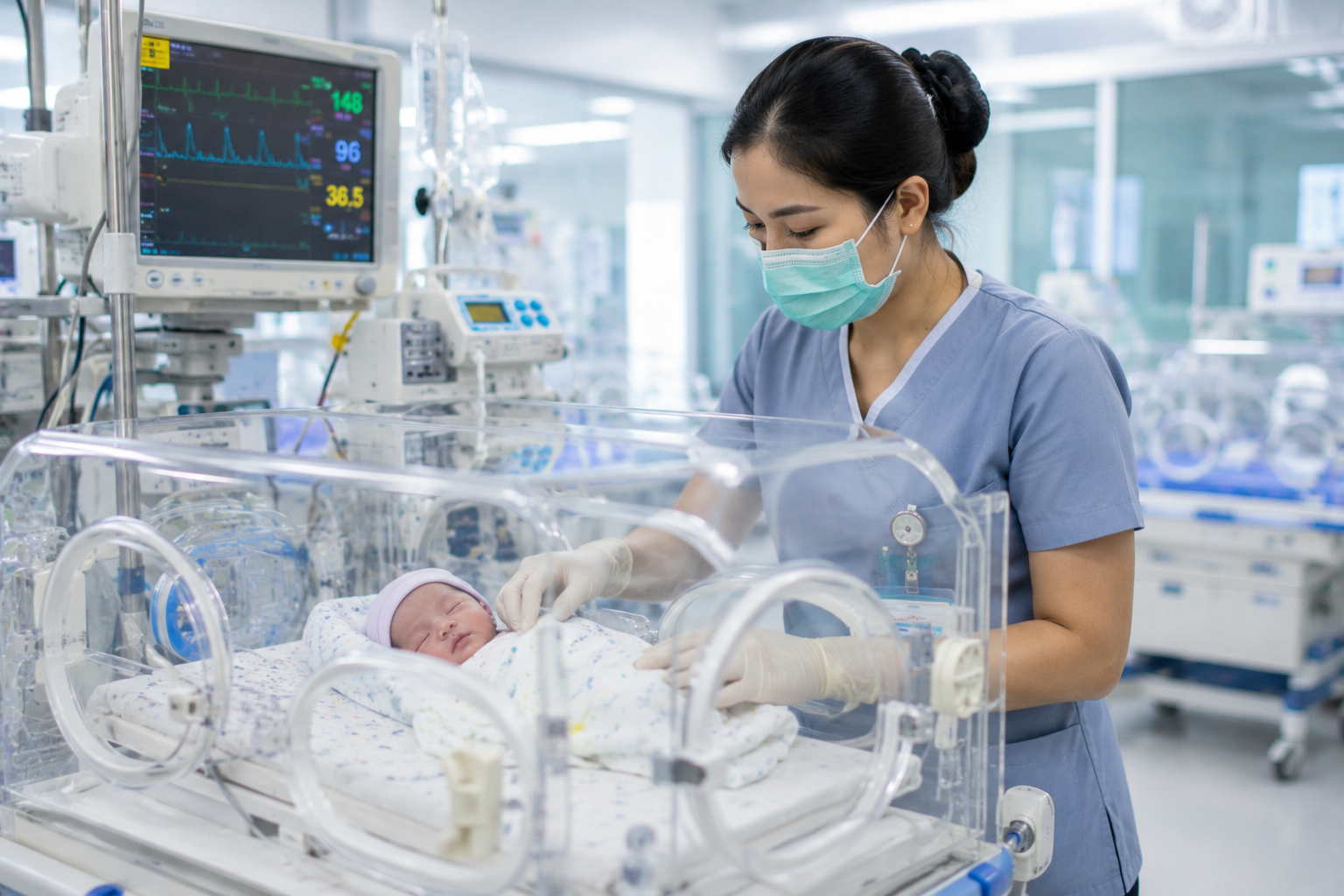 Program Studi Keperawatan dengan mahasiswa yang sedang mempraktikkan simulasi perawatan bayi menggunakan inkubator di laboratorium NICU modern.