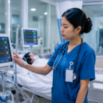 Perawat ICU sedang memantau kondisi pasien di ruang intensive care.