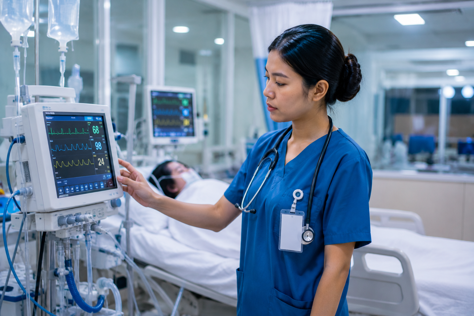 Perawat ICU sedang memantau kondisi pasien di ruang intensive care.