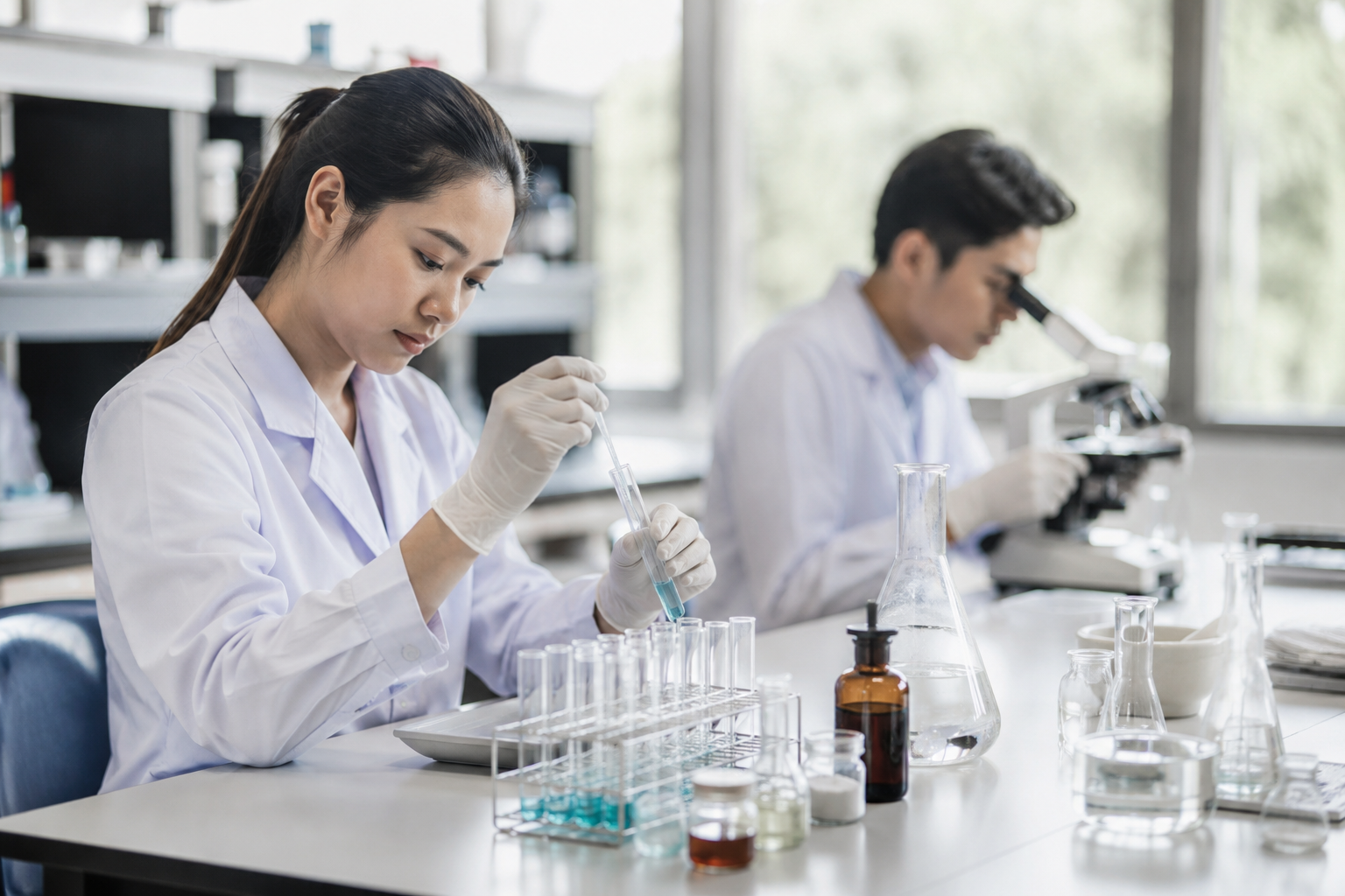 Laboratorium Farmasi dengan mahasiswa yang sedang melakukan praktikum analisis obat menggunakan peralatan laboratorium modern.