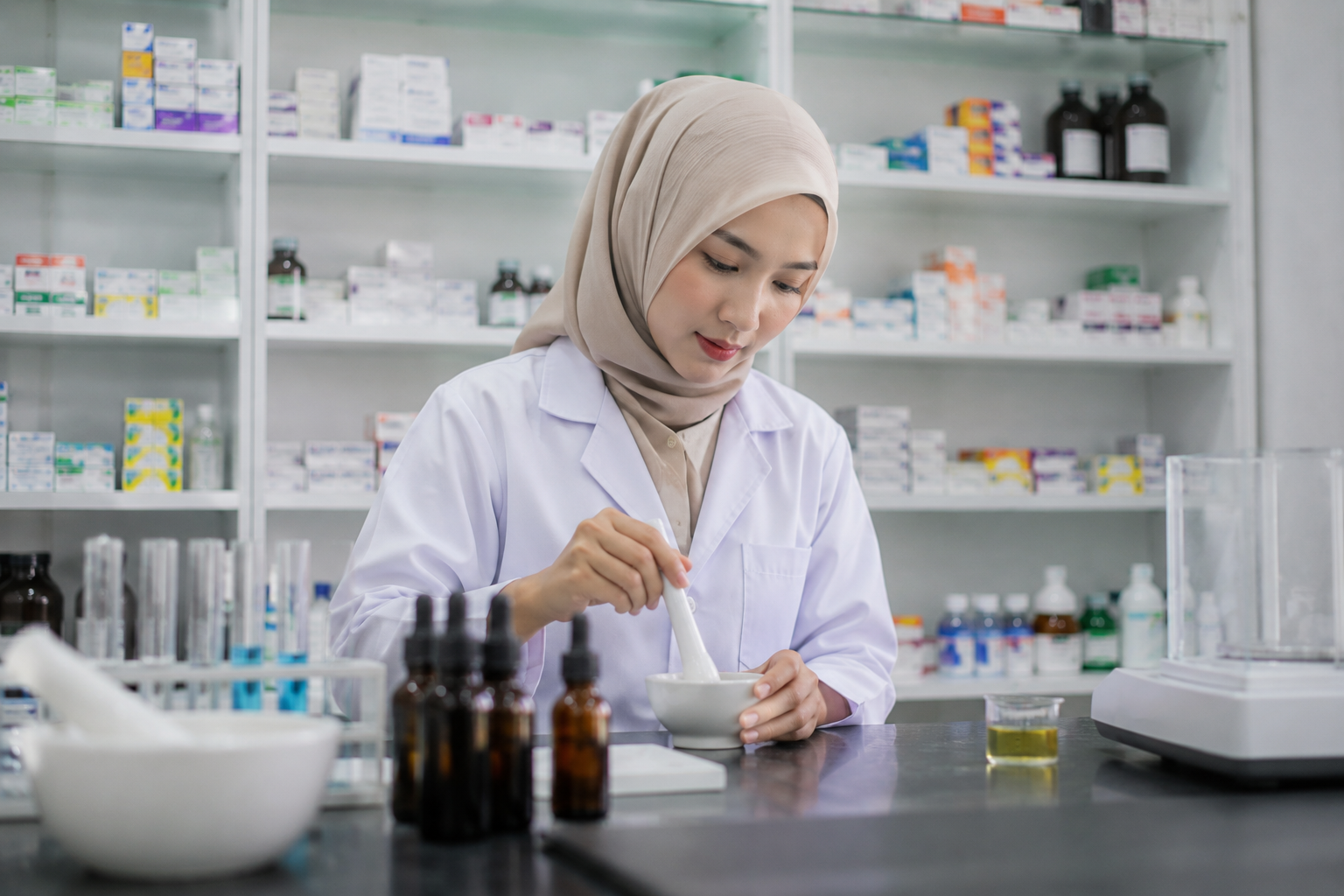 Mahasiswa Program Studi D3 Farmasi STIKES Istara sedang praktikum di laboratorium farmasi.