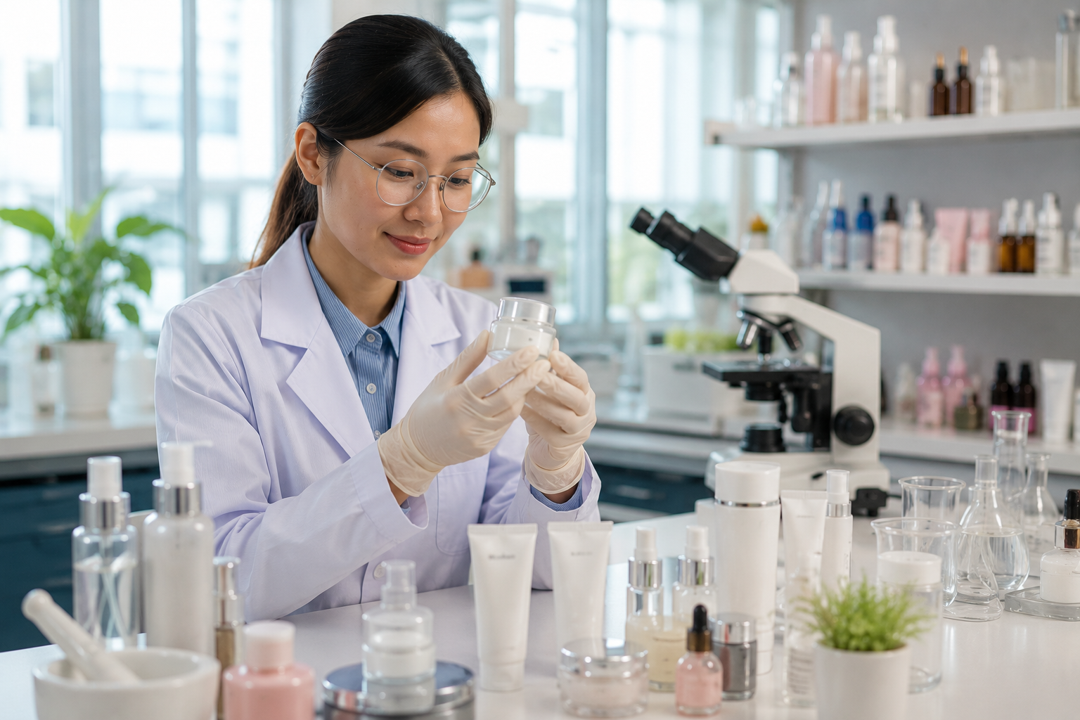 Karier Lulusan Farmasi bekerja di laboratorium industri kosmetik modern melakukan penelitian produk kecantikan