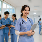 Profesi Ners dengan mahasiswa keperawatan yang sedang menjalani praktik klinik di rumah sakit bersama pembimbing.