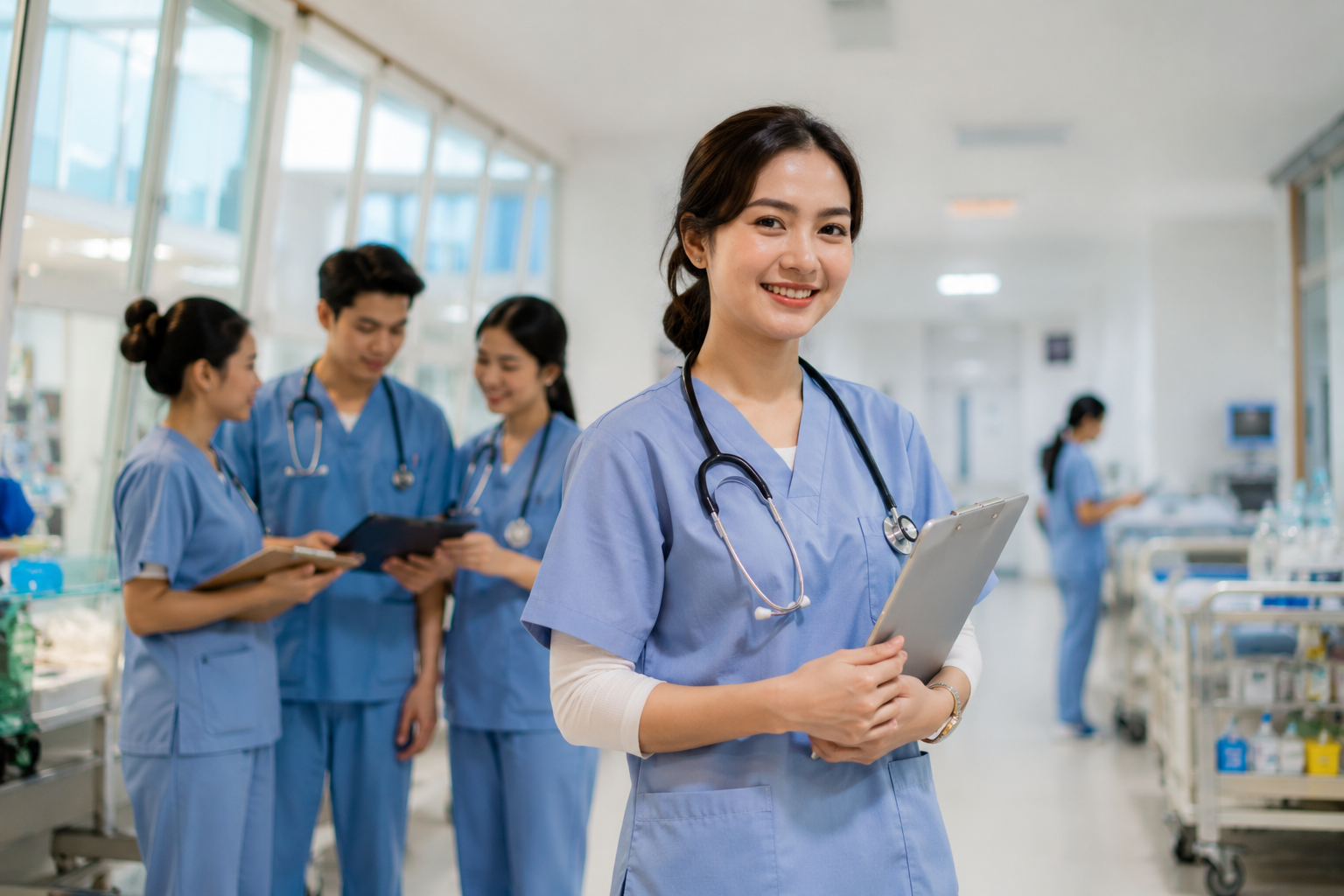 Profesi Ners dengan mahasiswa keperawatan yang sedang menjalani praktik klinik di rumah sakit bersama pembimbing.