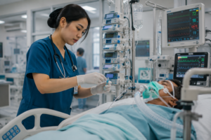 Mahasiswa Program Studi Keperawatan melakukan simulasi penanganan pasien kritis di ruang ICU laboratorium keterampilan klinik.
