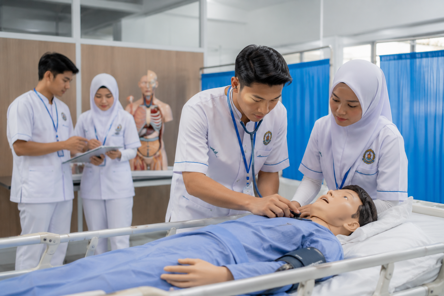 Mahasiswa sedang praktik di Laboratorium STIKES Istara menggunakan alat kesehatan modern bersama dosen pembimbing