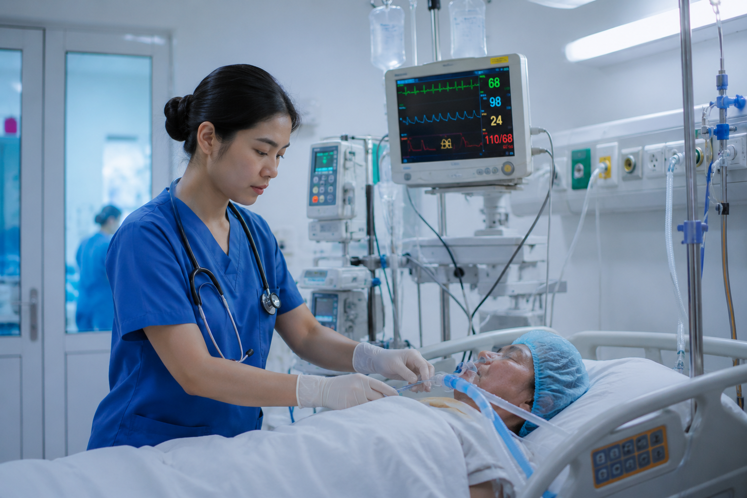 Karier Lulusan Keperawatan sebagai Perawat ICU dengan tenaga kesehatan yang sedang memberikan perawatan intensif kepada pasien di ruang ICU