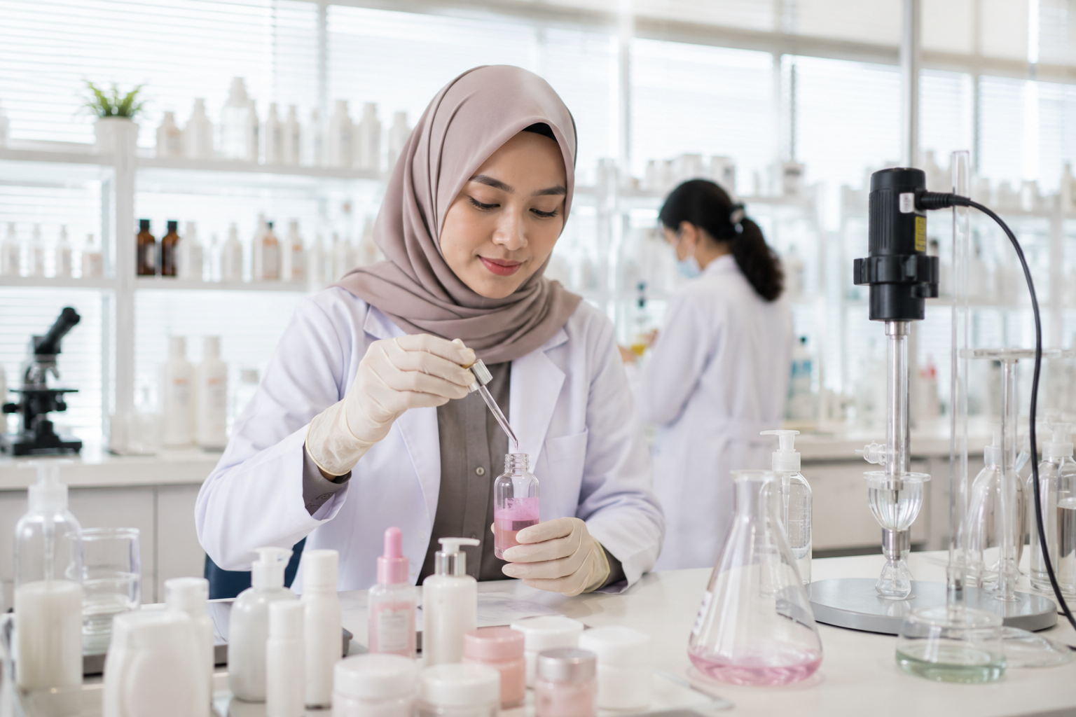 Lulusan Farmasi Industri Kosmetik bekerja di laboratorium pengembangan produk kosmetik modern