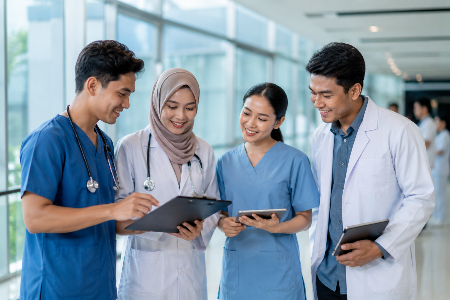 Mahasiswa program studi bidang kesehatan melakukan praktikum di laboratorium modern dengan dosen pembimbing menggunakan peralatan medis
