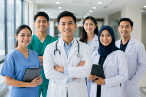 Program Studi Kesehatan dengan Peluang Kerja Terbesar menampilkan mahasiswa praktik di laboratorium kesehatan modern dengan simulasi klinik profesional