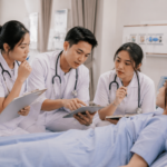Critical Thinking Mahasiswa Kesehatan saat mahasiswa berdiskusi menganalisis kasus klinis bersama dosen di laboratorium keterampilan.