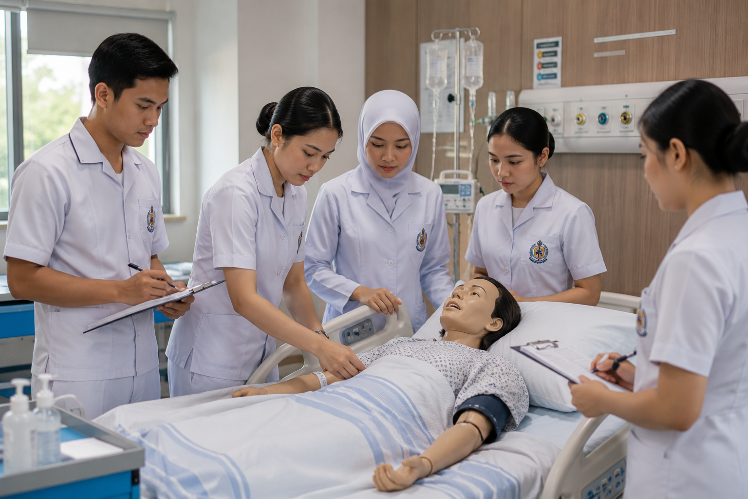 Patient Safety STIKES Istara memperlihatkan mahasiswa keperawatan melakukan simulasi identifikasi pasien dan prosedur keselamatan di laboratorium keterampilan klinis.